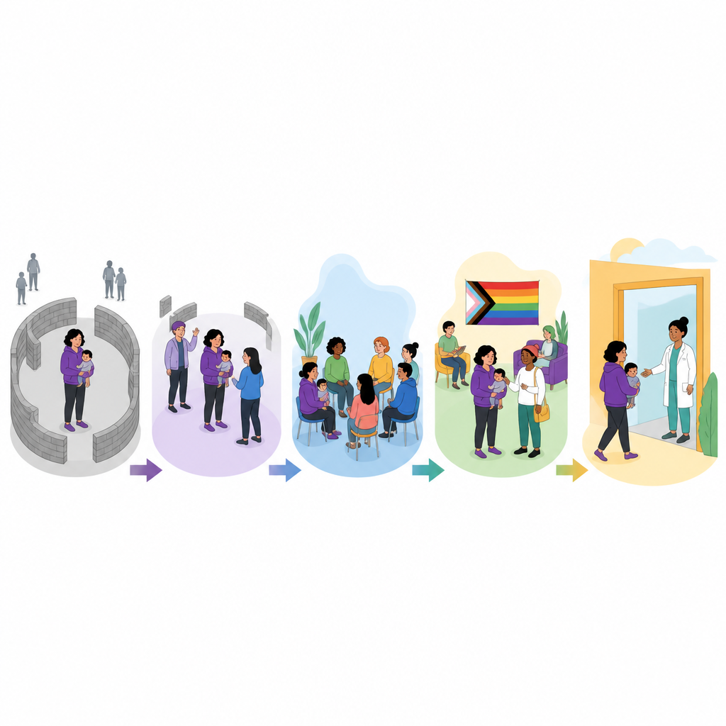 Figure 2. Wie der Übergang von Isolation zu unterstützenden LGBTQ+-Räumen LGBTQ+-Eltern dabei hilft, sich sicherer zu fühlen, wenn sie benötigte Gesundheitsversorgung in Anspruch nehmen.