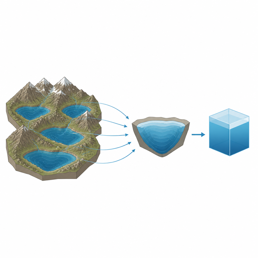 Figure 1. Het gebruik van omliggende landhellingen om verborgen meervormen te schetsen en te schatten hoeveel water bergmeren kunnen bevatten.