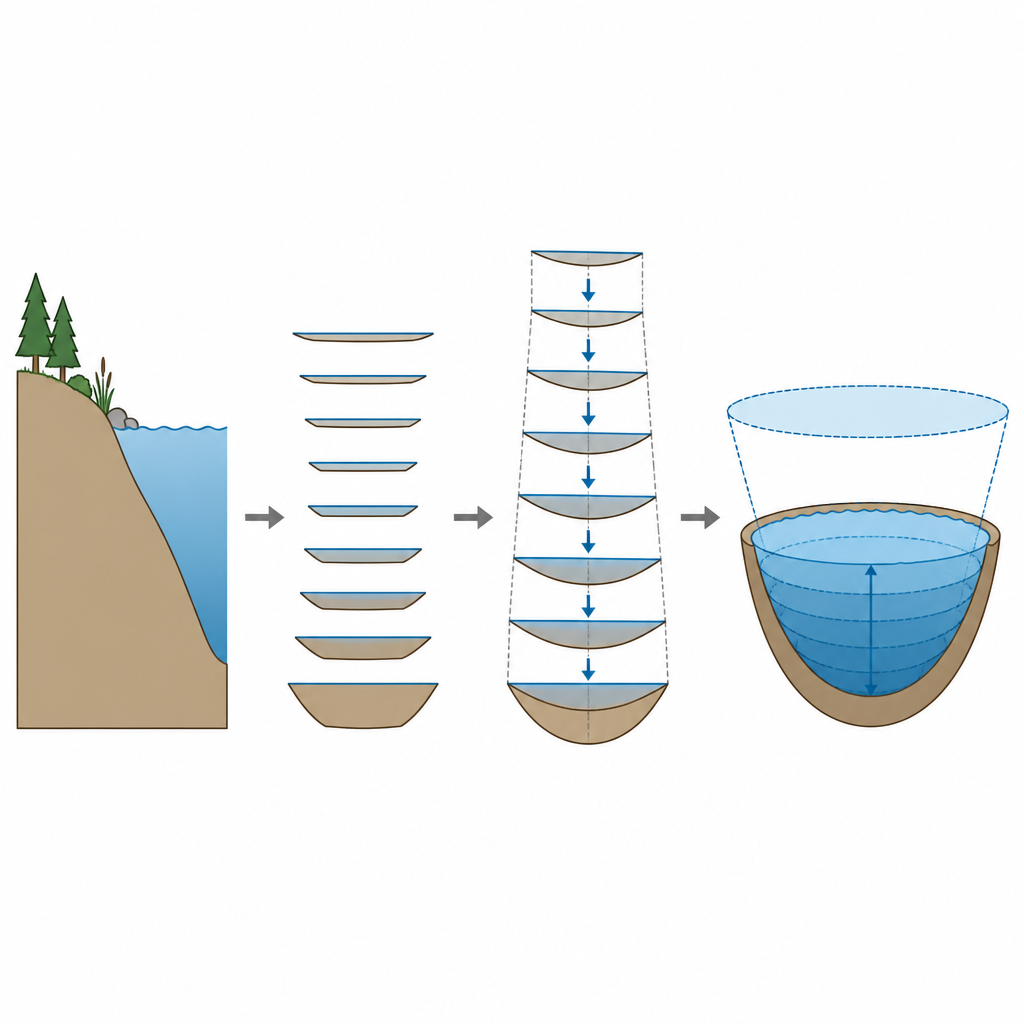 Figure 2. Stapsgewijze reconstructie van een komvormige meerbodem vanuit oeverhellingen om te laten zien hoe diepte de totale opgeslagen waterhoeveelheid bepaalt.
