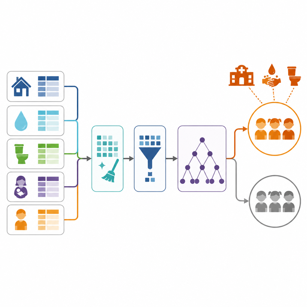 Figure 2. Stepwise data pipeline turns family and household details into diarrhea risk groups for young children.