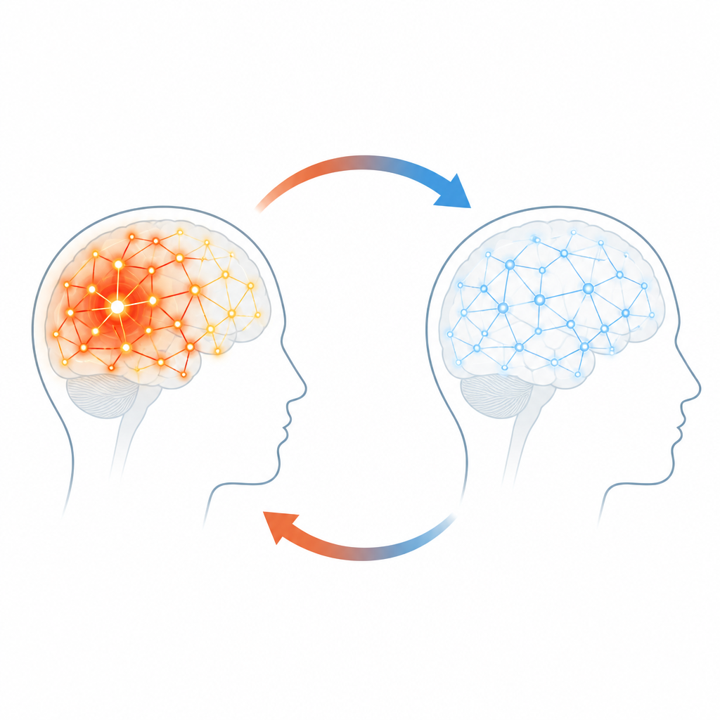 Figure 1. A atividade da rede cerebral deslocando-se de padrões convulsivos caóticos para sinais mais calmos e estabilizados após intervenção direcionada.