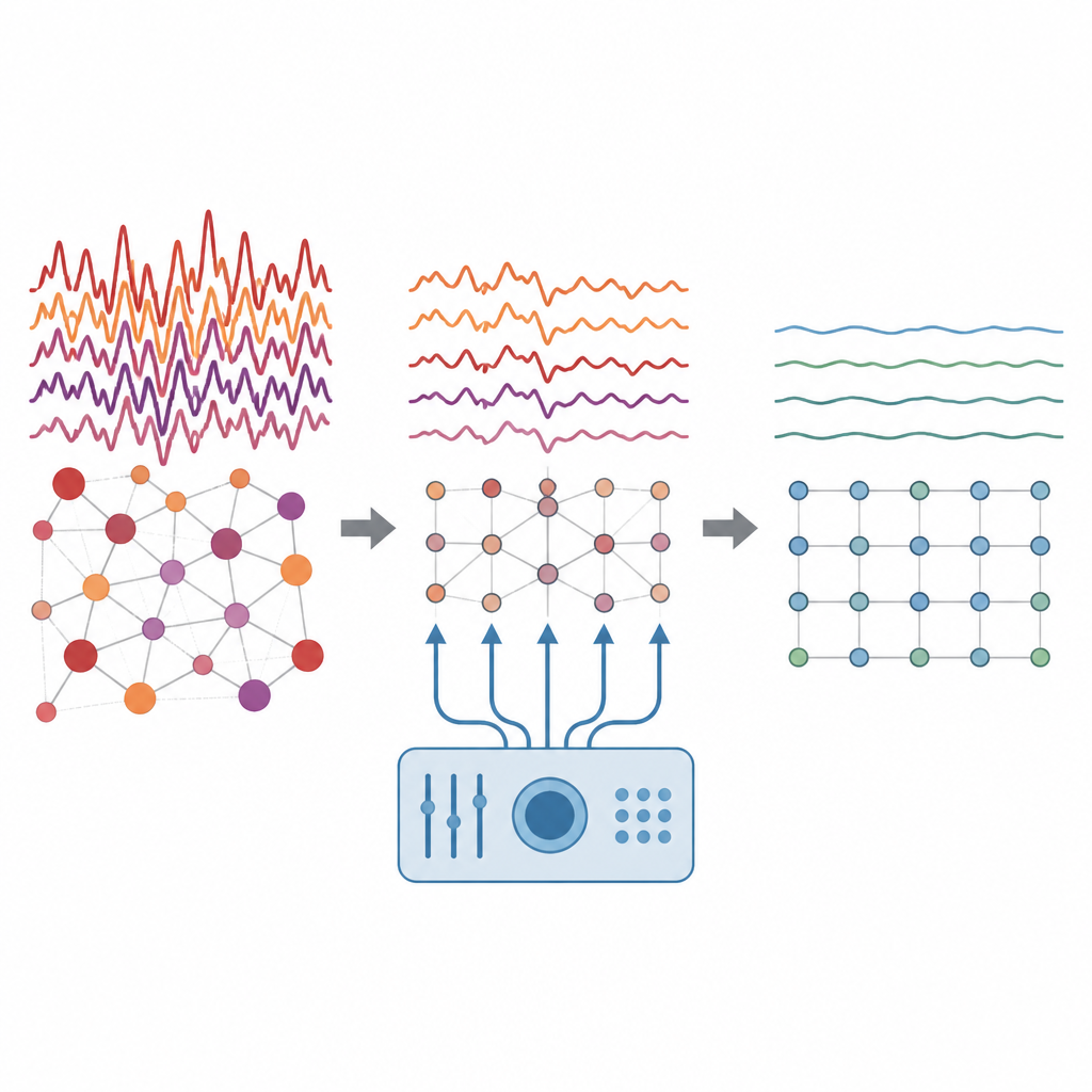 Figure 2. Processo passo a passo em que um módulo de controle remodela ondas cerebrais caóticas em padrões mais suaves e de menor intensidade por toda a rede.