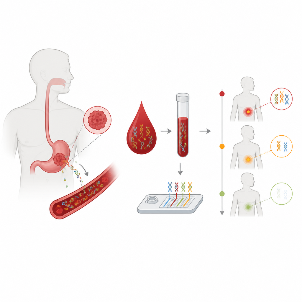 Figure 1. Kan testi, yemek borusu ve mide kanseri tedavisinin işe yarayıp yaramadığını göstermek için zaman içinde küçük tümör DNA parçacıklarını izliyor