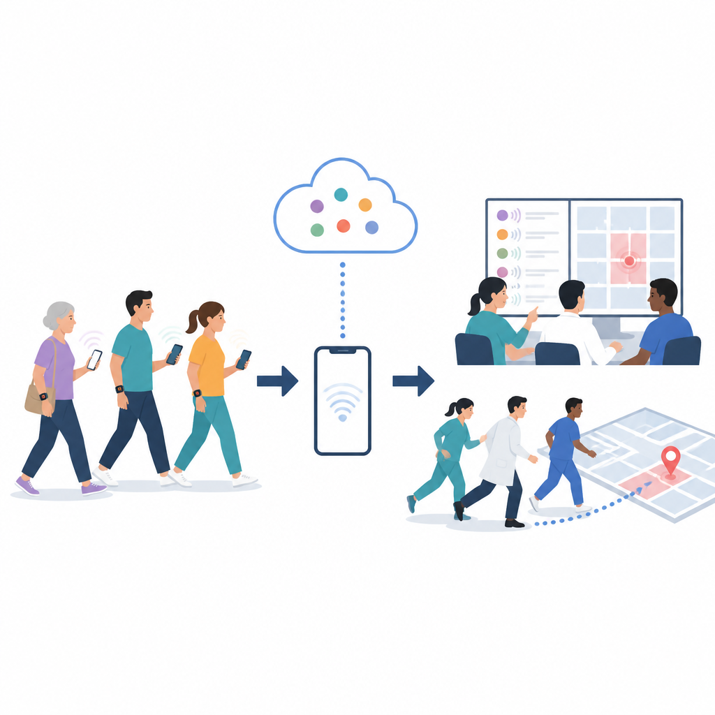 Figure 1. Smartwatch e telefoni collegano i pazienti in movimento agli operatori attraverso il monitoraggio continuo dei segni vitali e della posizione.