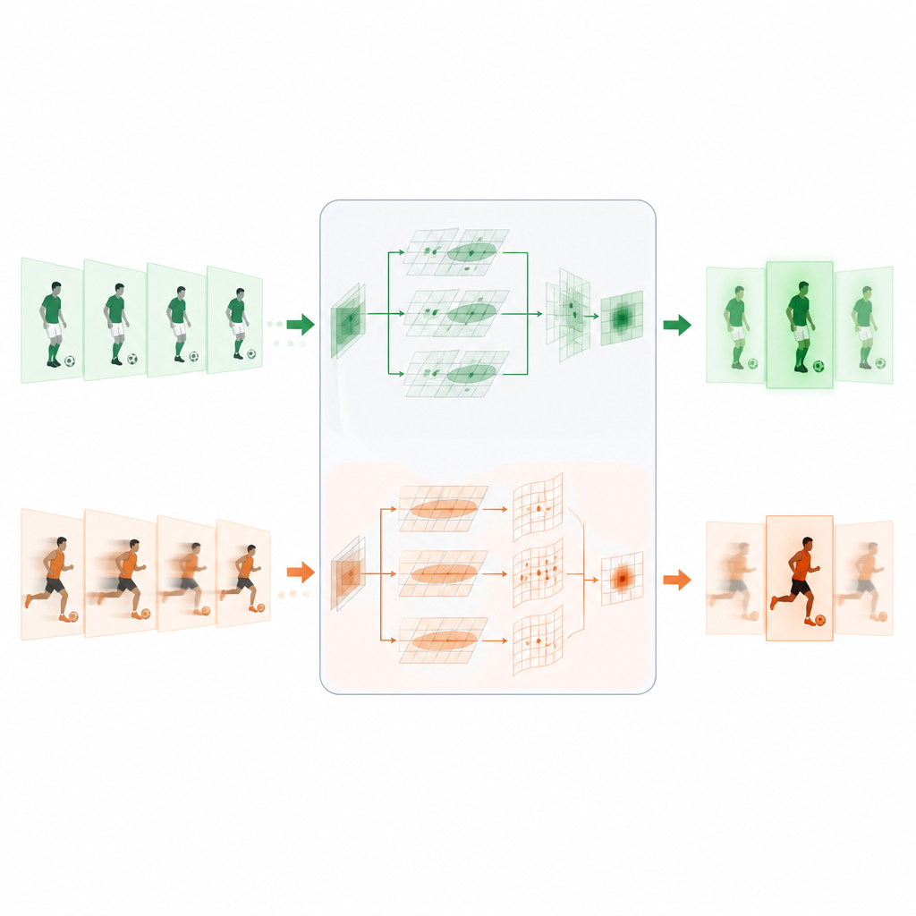 Figure 2. Wie ein intelligenter Detektor langsame und schnelle Bewegungen über die Zeit unterschiedlich behandelt, um Unschärfe und Fehlausrichtungen in Sportvideos zu vermeiden.