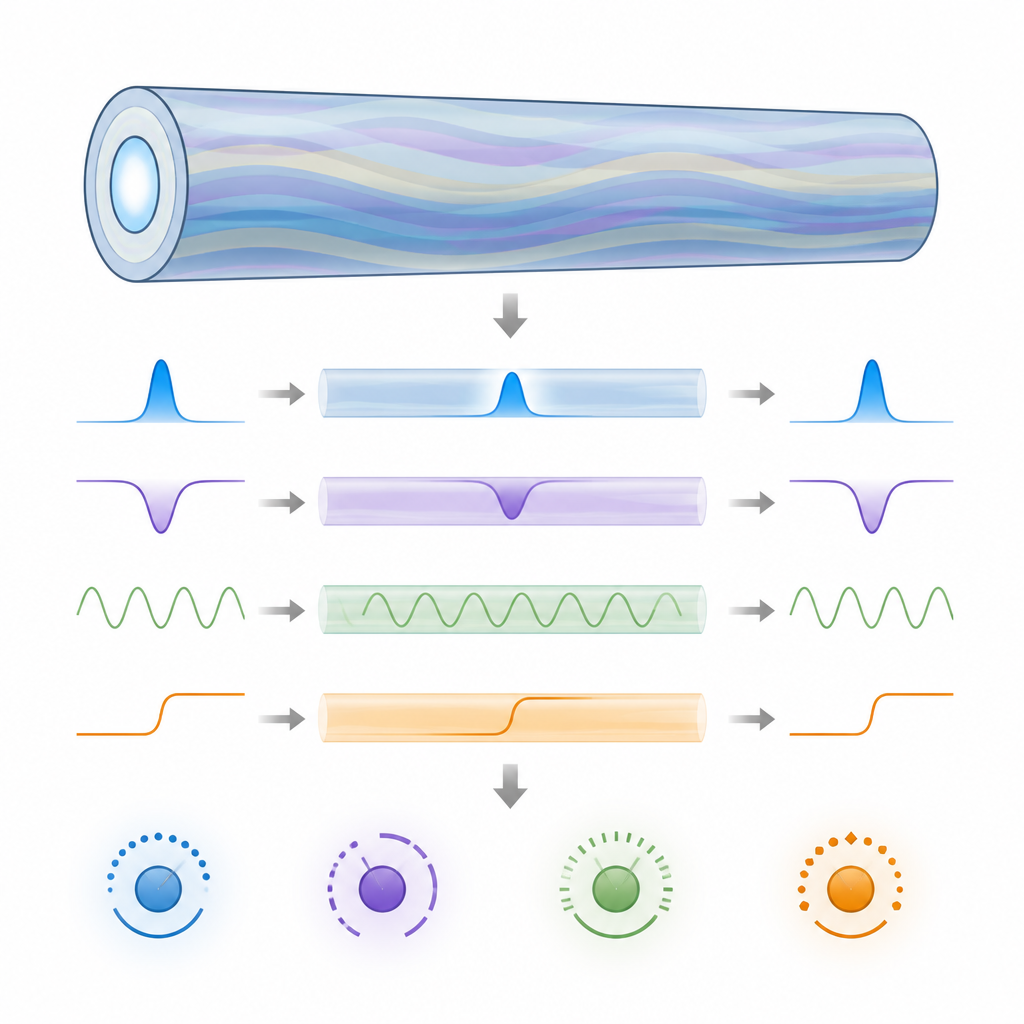 Figure 1. How complex light pulses in advanced fibers stay stable and form many shapes as they travel.