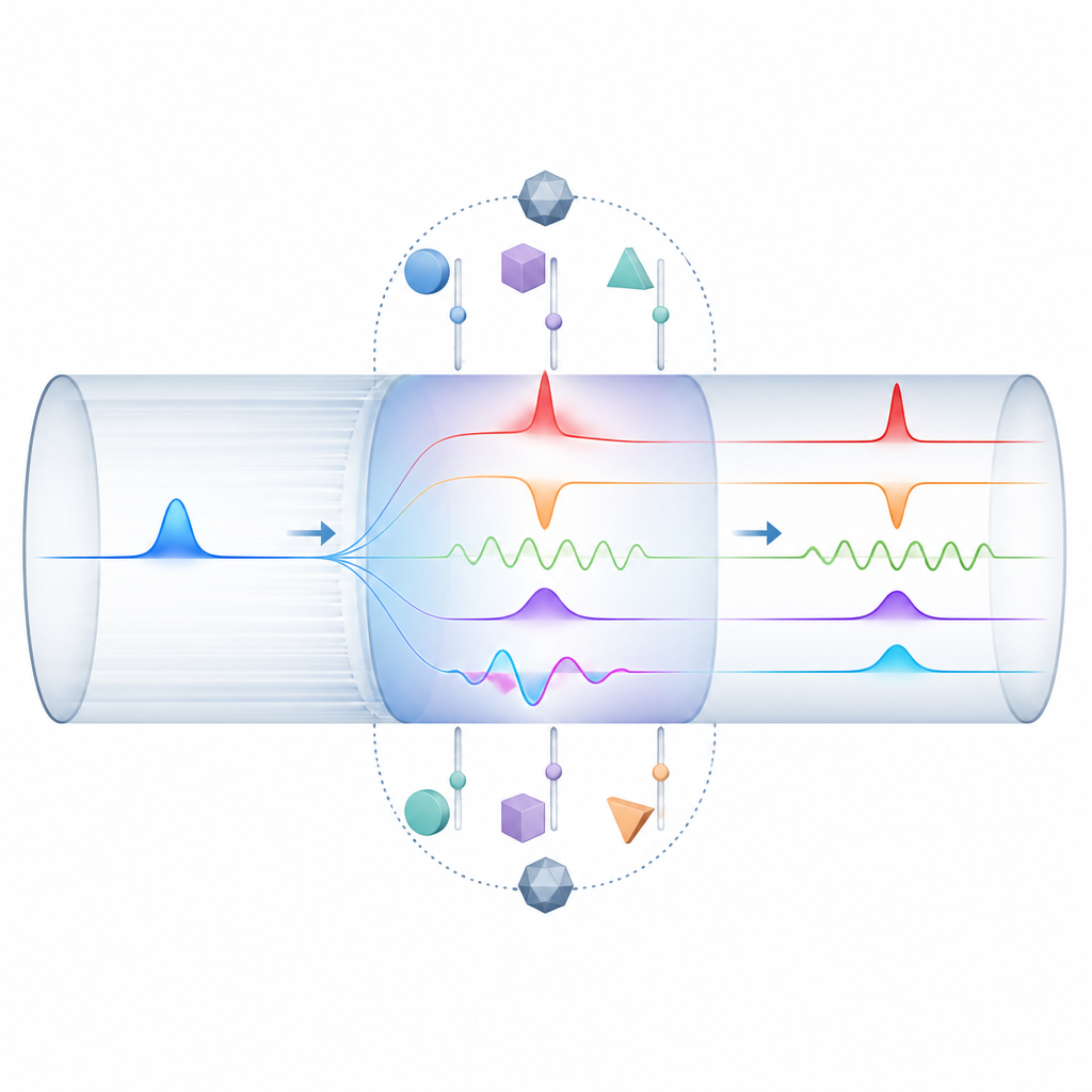 Figure 2. How changing a hidden control in a fiber reshapes one light pulse into several stable soliton patterns.