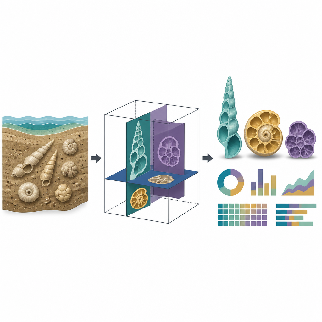 Figure 1. De microfósiles del fondo marino a conchas digitales 3D y medidas de su tamaño, paredes y cámaras internas