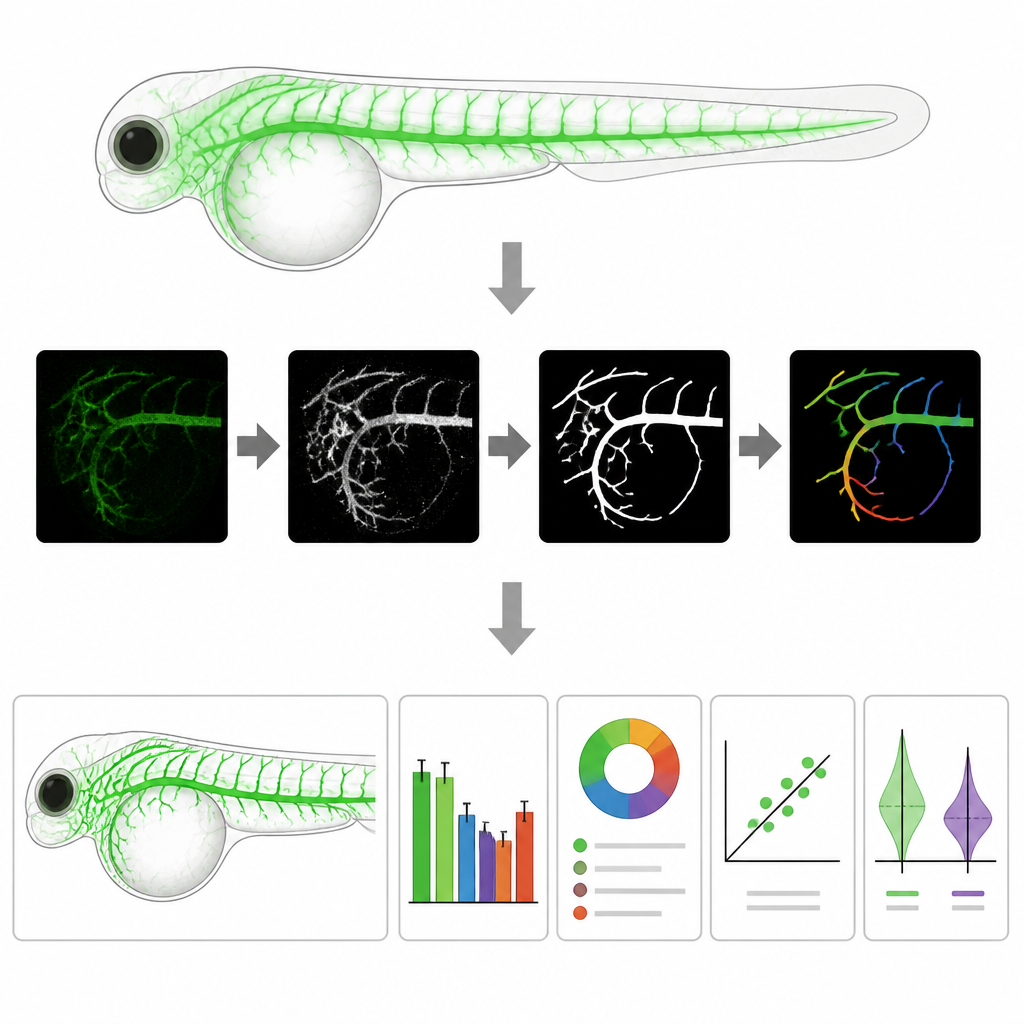 Figure 1. How automated image software turns tiny glowing fish vessels into clear, comparable maps for research.