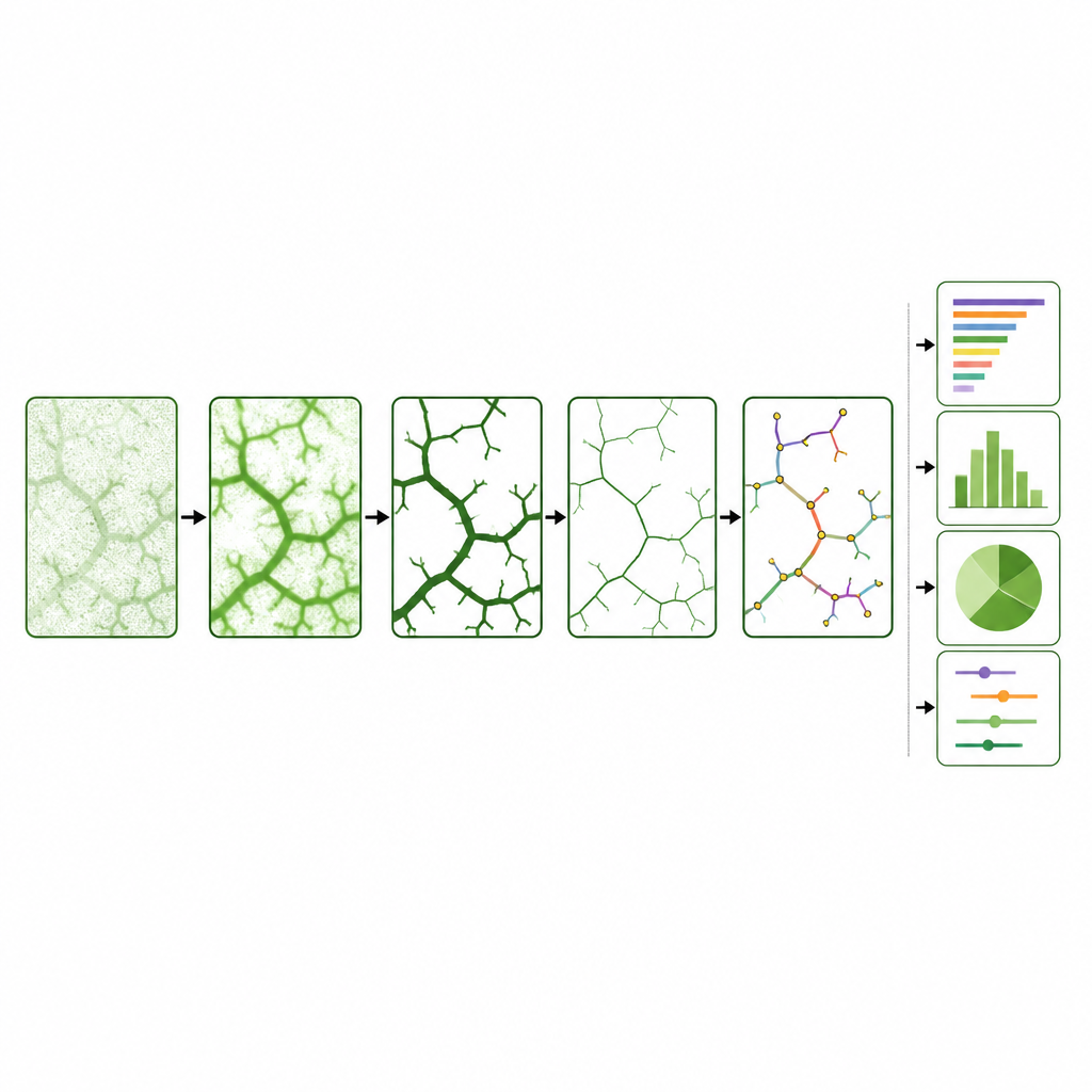 Figure 2. Stepwise cleaning of noisy vessel images into a simplified network used to measure growth, loss, and branching.