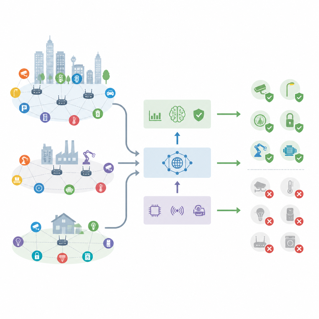 Figure 1. Hoe een gelaagd AI-systeem enorme netwerken van slimme apparaten bewaakt om vertrouwde apparaten actief te houden en risicovolle apparaten snel af te sluiten.