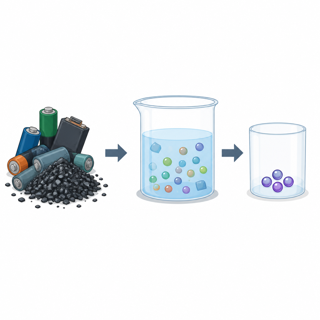 Figure 1. Hoe een vloeibaar filter lithium uit opgeloste afvalbatterijen haalt terwijl andere metalen achterblijven.