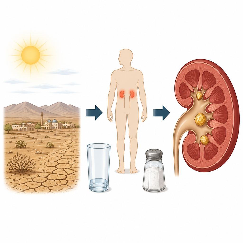 Figure 1. Hoe hete klimatologische omstandigheden, hard water, weinig drinken en zoute voeding samen het risico op nierstenen bij volwassenen in Turkestan verhogen.