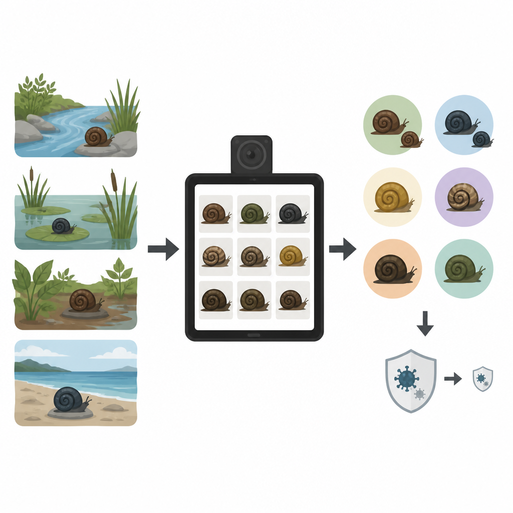 Figure 1. La IA vigila caracoles de agua dulce en tiempo real para mapear dónde viven hospedadores de parásitos peligrosos.