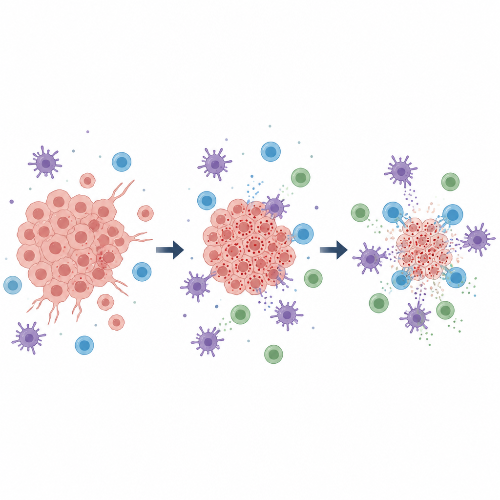 Figure 2. Step-by-step view of how higher alarm sensor levels in tumor cells link to stronger immune attack and smaller cancer growth
