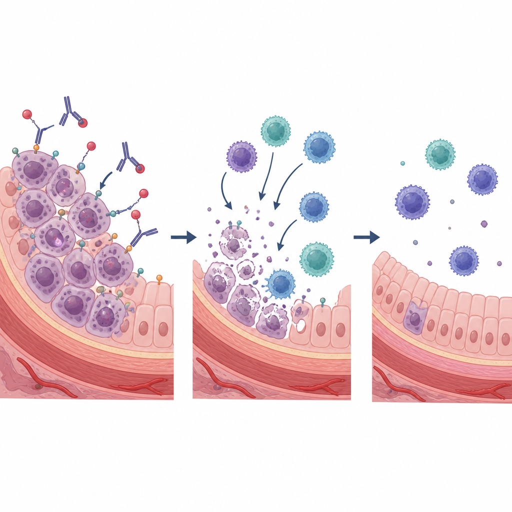 Figure 2. Un farmaco mirato si lega alle cellule tumorali, rilascia il suo carico e collabora con le cellule immunitarie per eliminare il cancro dallo strato di rivestimento della vescica.