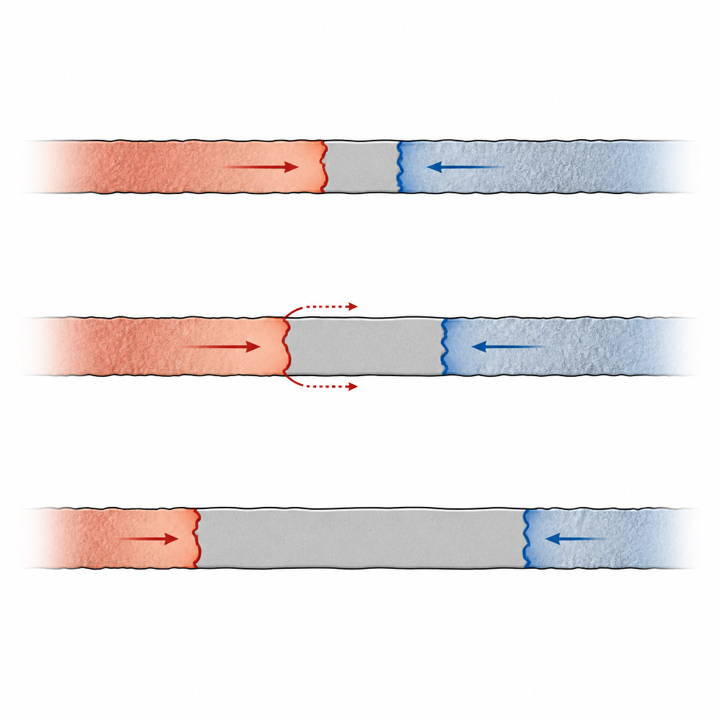 Figure 2. كيف يمكن لبقعة انزلاق بطيء تتوسع بين مناطق مقفلة أن تعيق في نهاية المطاف تمزق الزلزال على طول الصدع.
