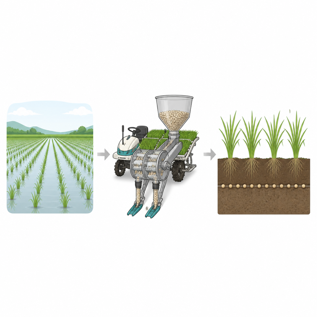 Figure 1. Machine attached to a rice planter places fertilizer granules evenly in the soil between rice plants.