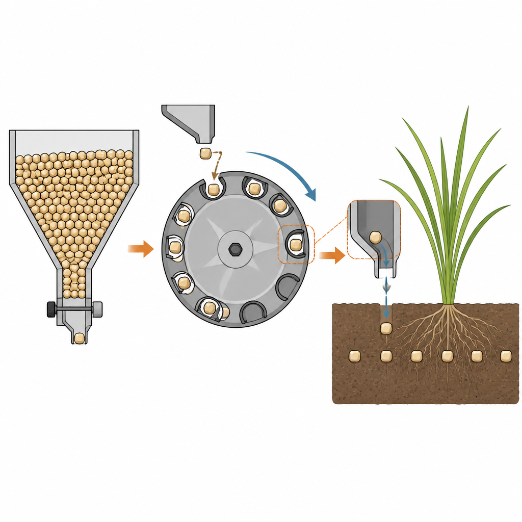 Figure 2. Granules move from a hopper through a rotating wheel so that single pieces drop into soil at regular intervals.