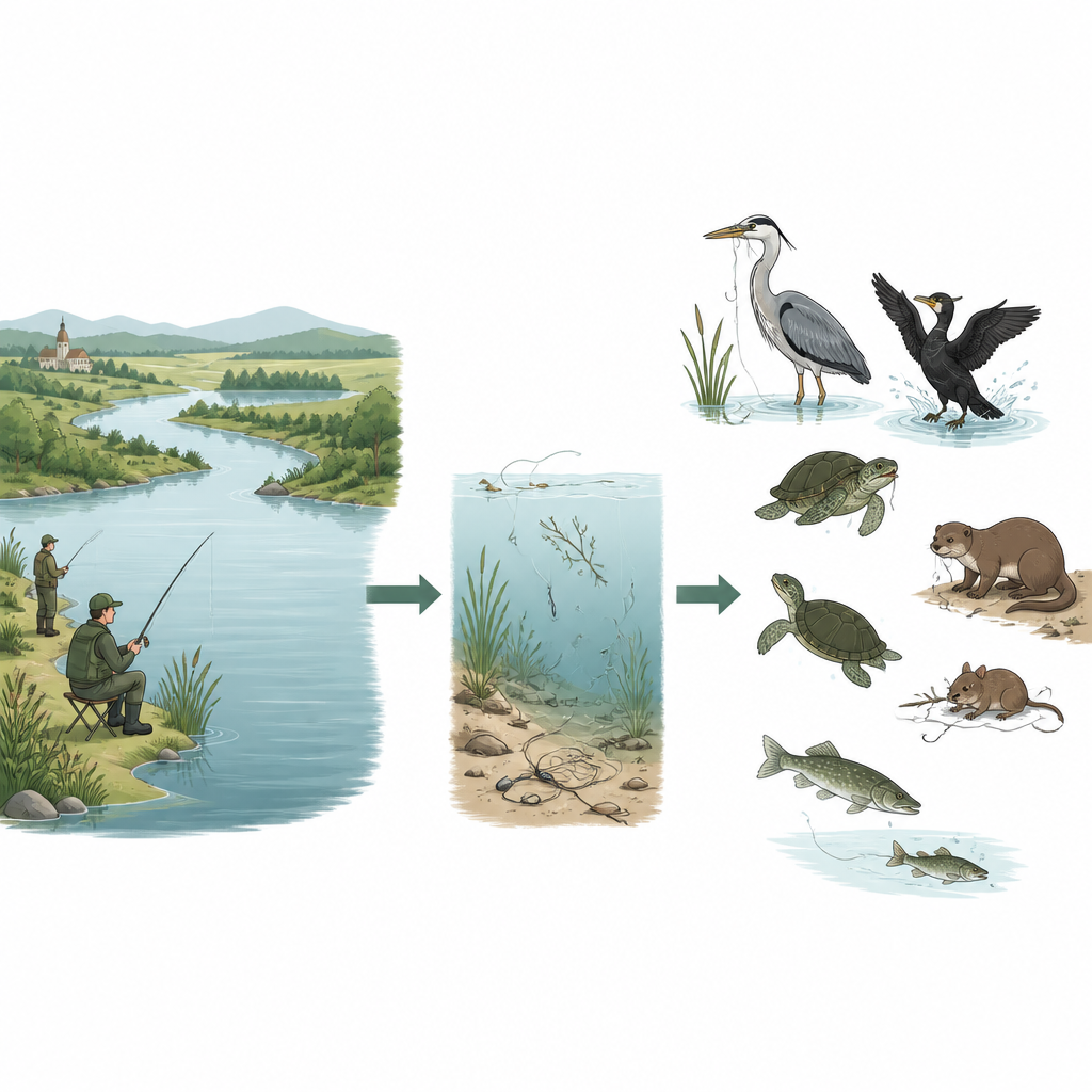 Figure 1. How fishing lines and hooks in Hungary’s rivers and lakes quietly harm birds, turtles and mammals.