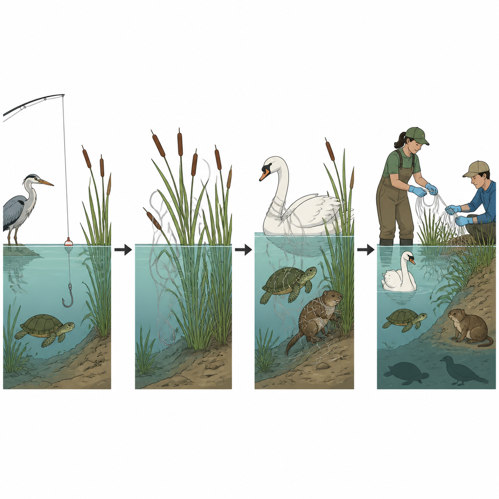 Figure 2. Step by step journey from fishing gear in water to wildlife entanglement and rescue or loss in freshwaters.