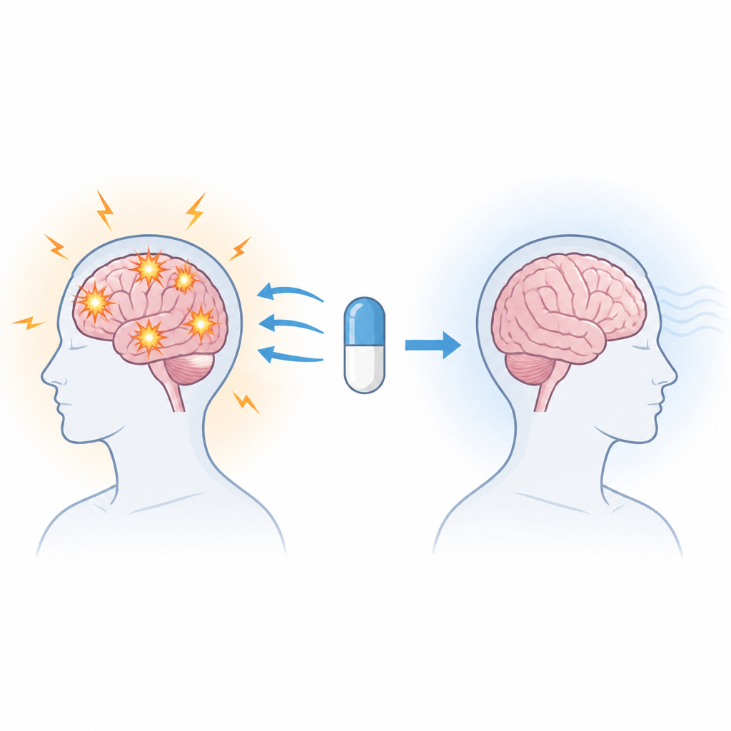 Figure 1. Medicamento anticonvulsivo en dosis baja que calma la actividad convulsiva en el cerebro con el tiempo.