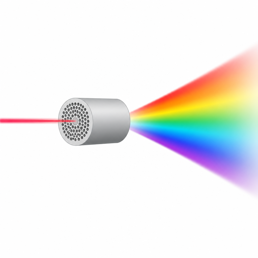 Figure 1. A short patterned fiber turns a narrow infrared laser beam into a smooth, bright rainbow of colors with low noise.