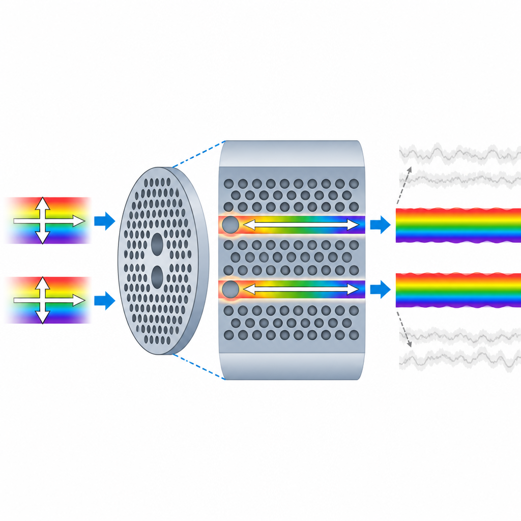 Figure 2. Light travels through a specially structured fiber core that preserves polarization and transforms it into a stable multicolor output.