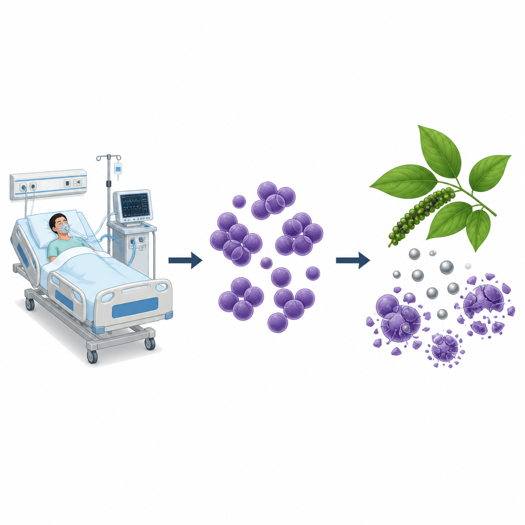 Figure 1. Hoe plantgemaakte zilvernanodeeltjes helpen een hardnekkig ziekenhuismicro-organisme te bestrijden dat tegen veel antibiotica bestand is.