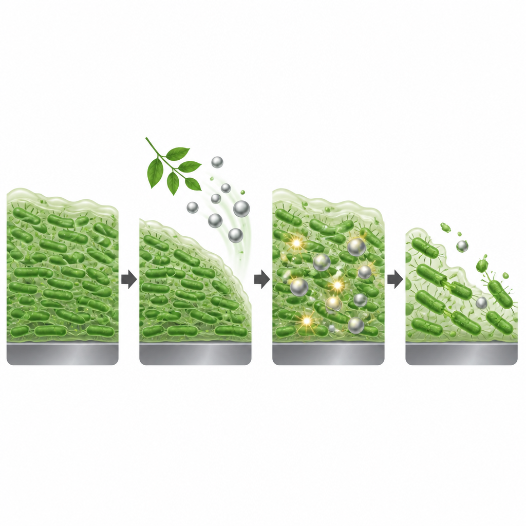 Figure 2. Hoe peper-gebaseerde zilvernanodeeltjes bacteriële slijmlagen afbreken en cellen van binnen beschadigen.