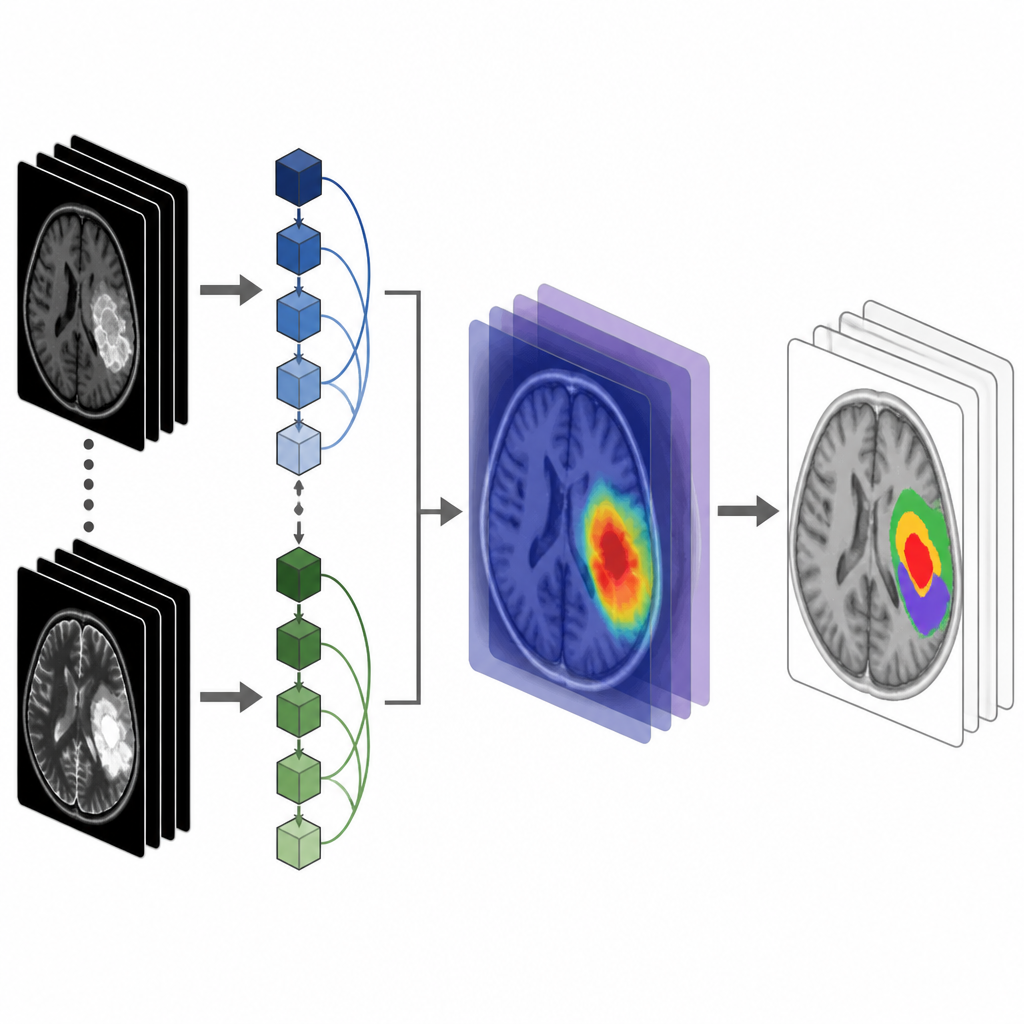 Figure 2. Stepwise view of dual-stream AI focusing on tumor areas and producing clean tumor outlines