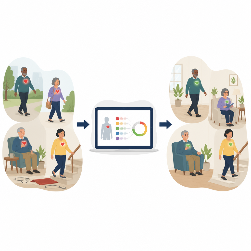 Figure 1. Heart patients move from daily life through a digital risk check to safer living with fewer hazards.