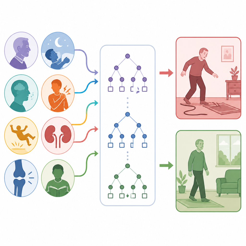 Figure 2. Personal health factors flow into a model that separates higher and lower fall risk for people with heart disease.
