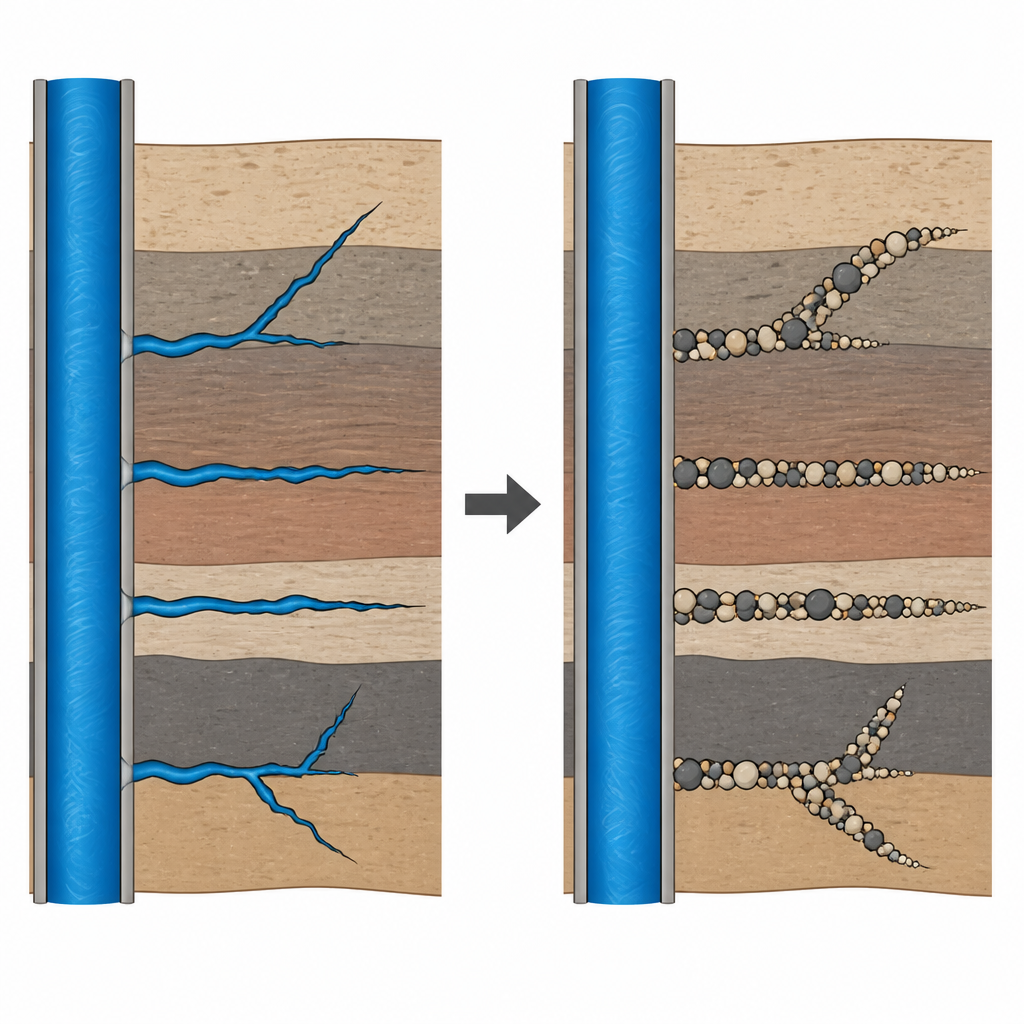 Figure 1. Cómo los lodos de perforación ajustados taponan las fisuras de la roca para mantener el fluido en el pozo y reducir las fugas durante la perforación.