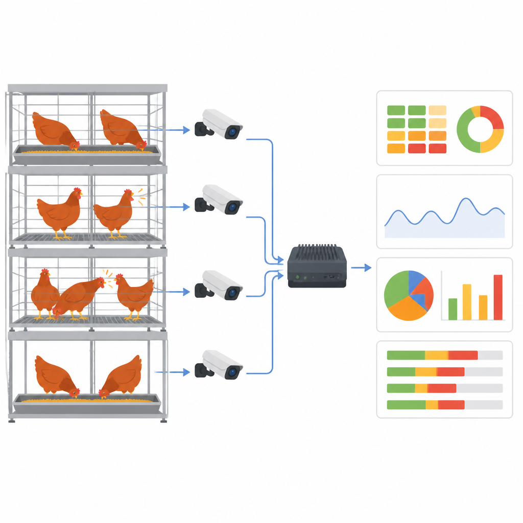 Figure 1. Camera's en een compact AI‑model houden kippen in kooien in de gaten om eet‑ en pikgedrag te volgen dat verband houdt met gezondheid en welzijn.