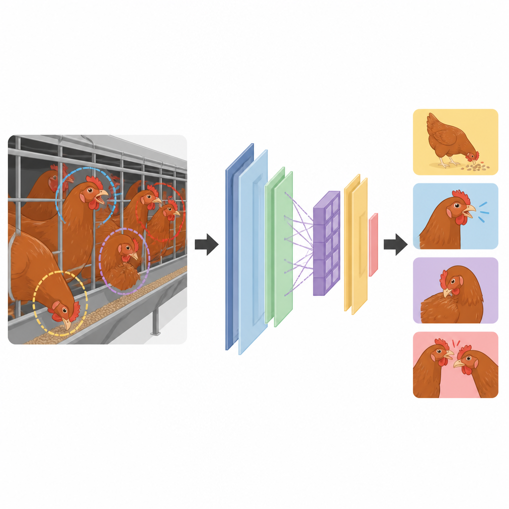 Figure 2. Close‑up beelden van kippen in kooien worden stap voor stap verwerkt door een slank AI‑netwerk om eten, ademhalen en pikgedrag te onderscheiden.