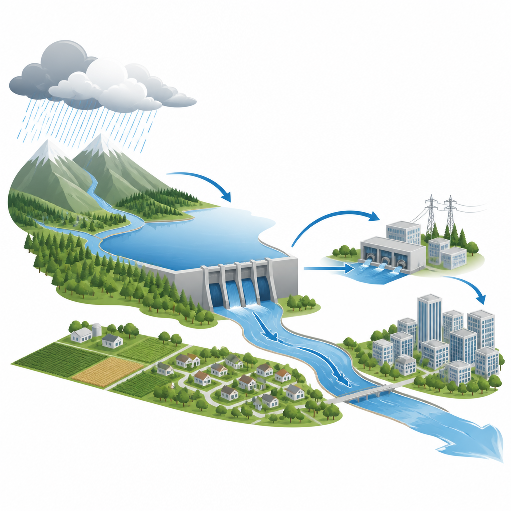 Figure 1. Cómo un embalse puede manejar tormentas con seguridad al tiempo que genera electricidad constante a partir del agua del río.