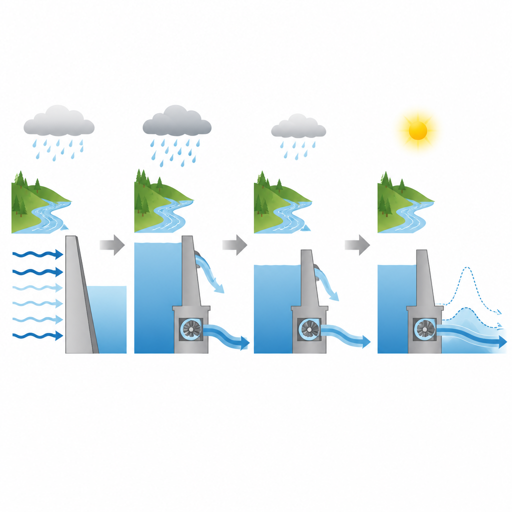 Figure 2. Visión paso a paso de cómo los cambios en las entradas llevan a los operadores a ajustar las salidas de la presa para reducir los picos de inundación y mantener el suministro eléctrico.