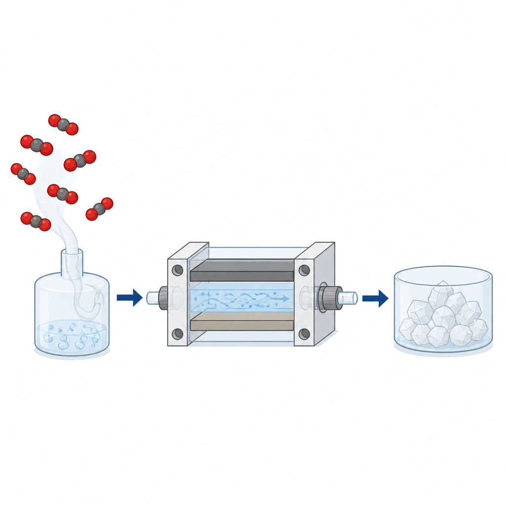 Figure 1. CO2-gas stroomt door een compacte reactor en komt eruit als vaste oxalaatkristallen door toepassing van elektriciteit.