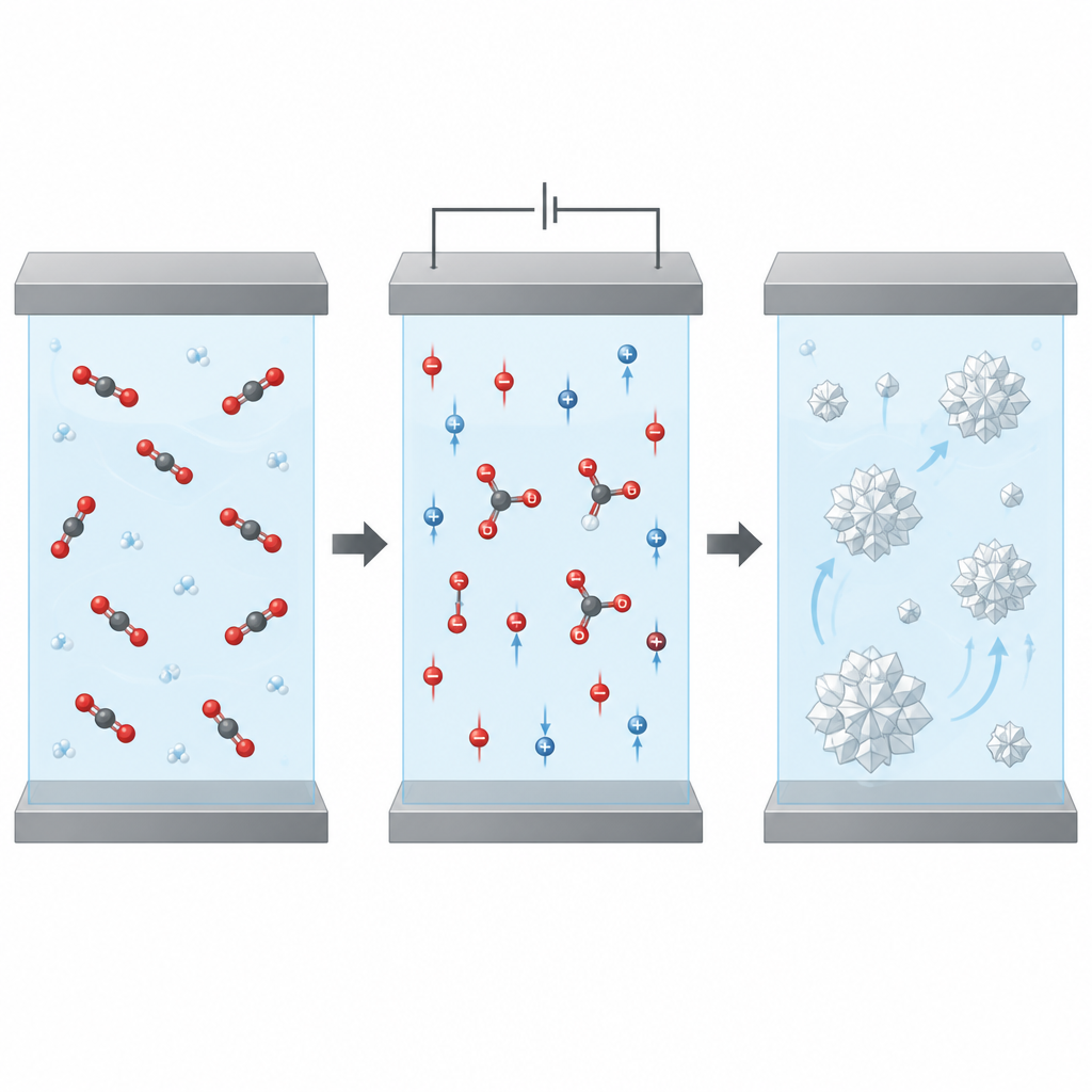 Figure 2. In de reactor koppelen CO2-moleculen zich onder invloed van elektrische stroom en scheiden ze zich af als groeiende oxalaatkristallen.