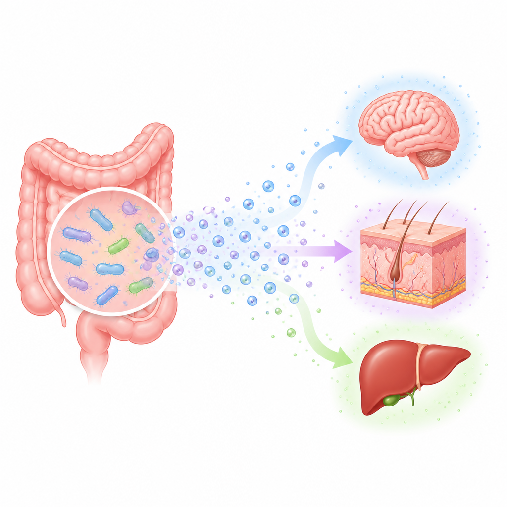 Figure 1. I batteri intestinali amichevoli inviano piccole vescicole che aiutano a proteggere cervello, pelle e fegato dallo stress simile all’invecchiamento nei topi.