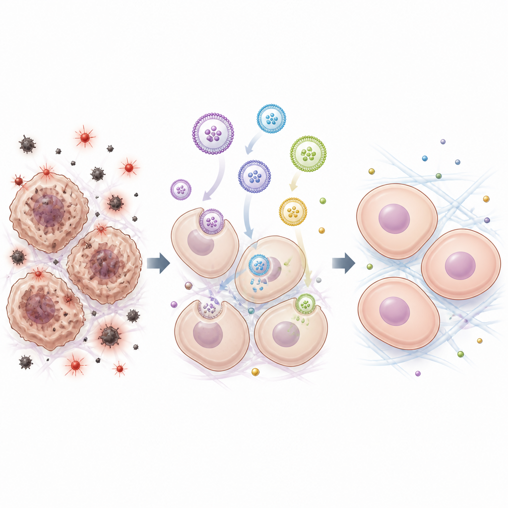 Figure 2. Piccole vescicole entrano nelle cellule stressate e le spostano da stati danneggiati e infiammati verso condizioni più sane e meno senescenti.