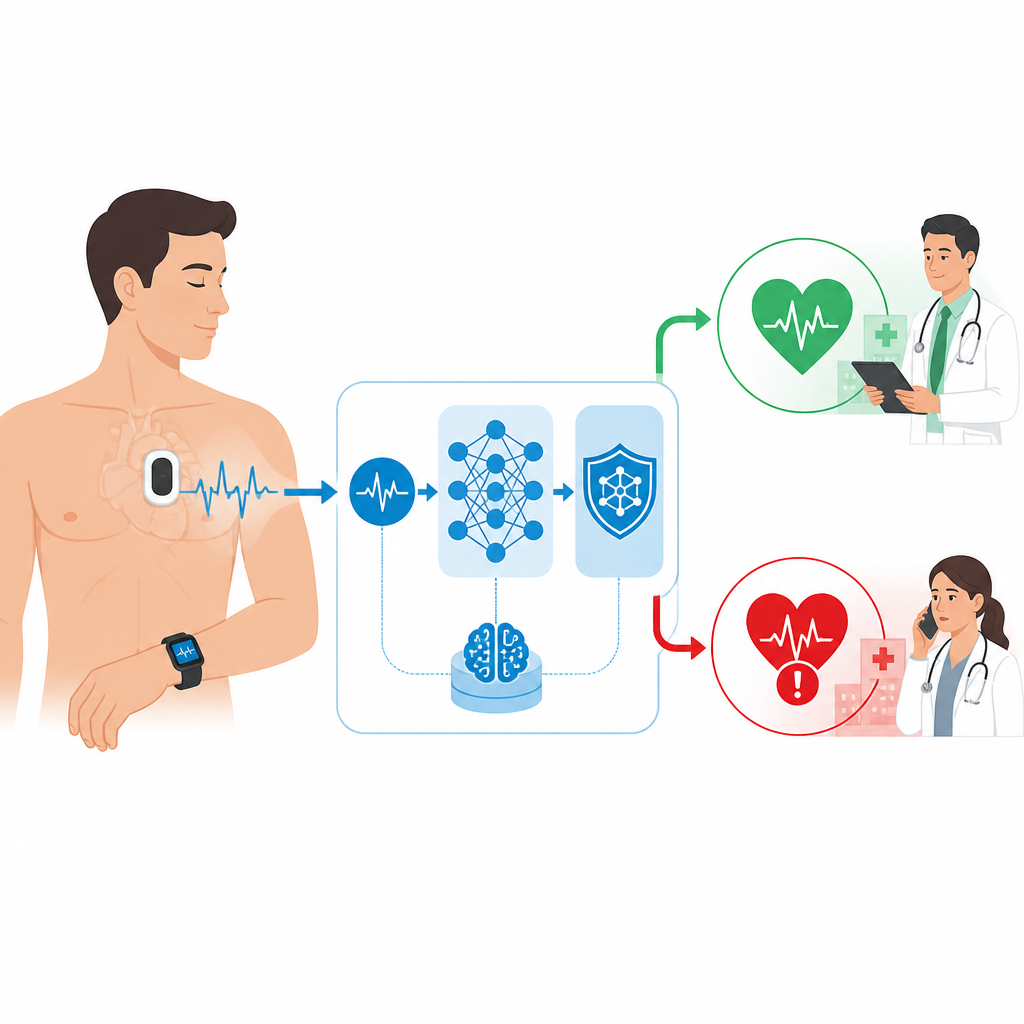 Figure 1. Cómo un pequeño dispositivo vestible y una IA en la nube se combinan para detectar ritmos cardíacos riesgosos y señalar datos poco fiables en tiempo real.