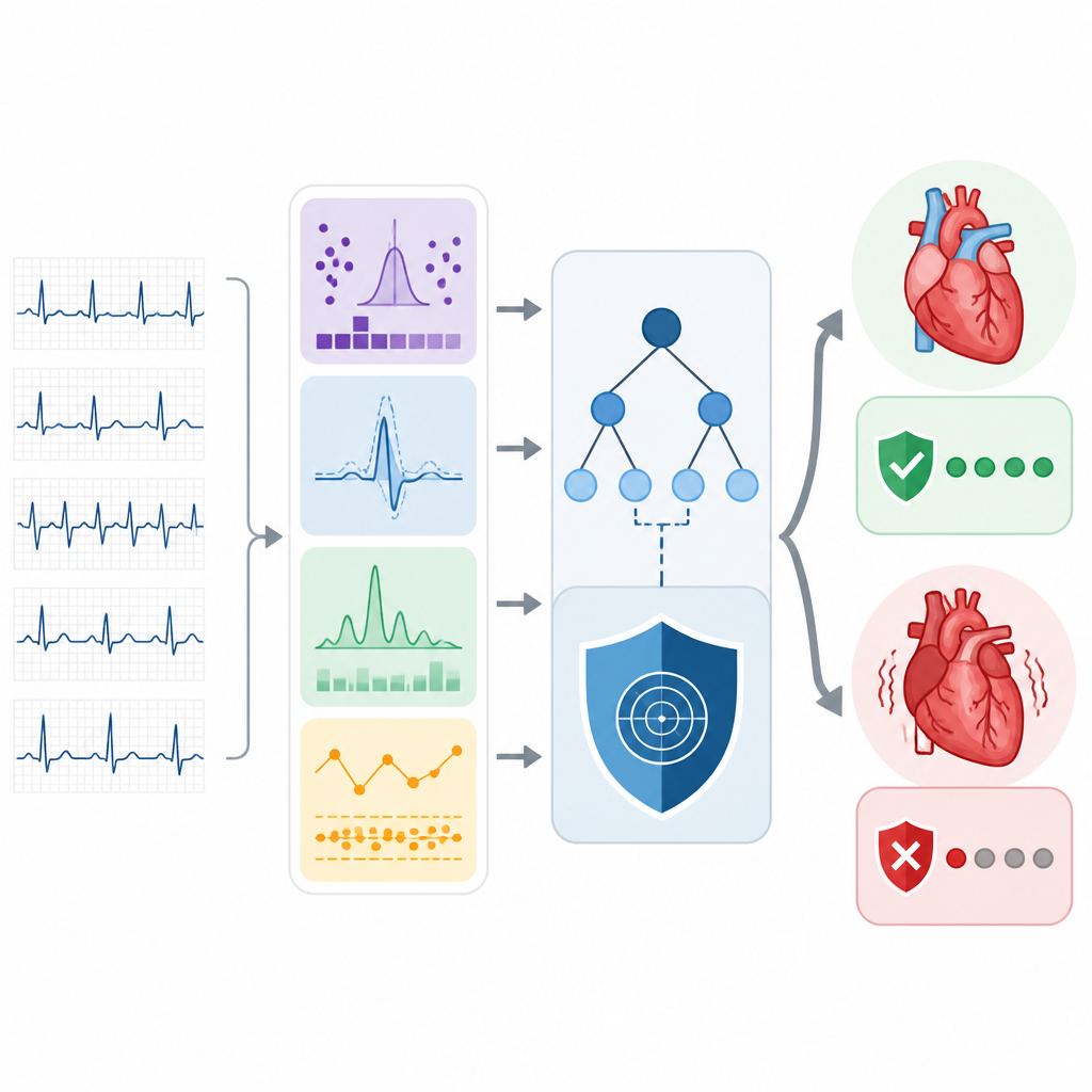 Figure 2. Cómo los latidos del ECG se convierten en características sencillas que impulsan un detector conjunto de ritmo cardíaco y ataques con una señal de confianza.