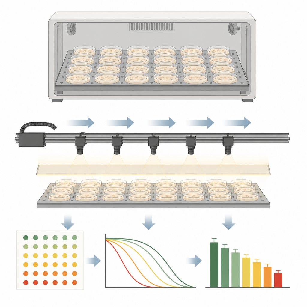 Figure 1. Geautomatiseerde incubator en camera's volgen veel wormen tegelijk om hun levensduur snel en nauwkeurig te meten.