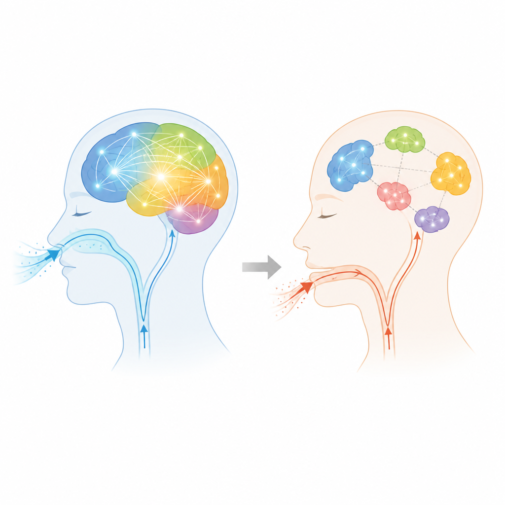 Figure 1. Nasal versus mouth breathing shift the brain between unified and fragmented communication patterns.