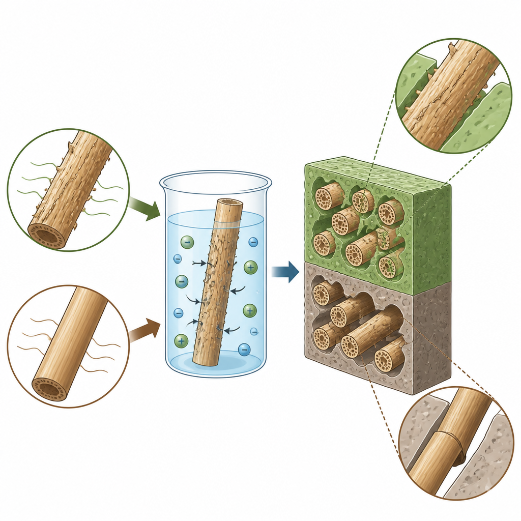 Figure 2. Cómo la potasa natural limpia y rugosifica las fibras vegetales para que se adhieran mejor al plástico y produzcan piezas más resistentes y tolerantes al calor.