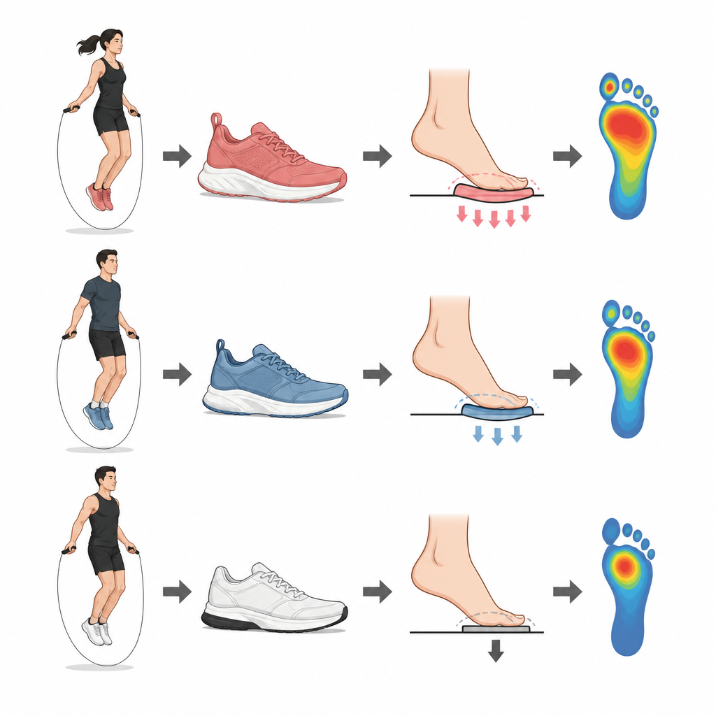 Figure 1. Cómo diferentes zapatillas de comba cambian dónde impactan las fuerzas en el pie durante el paso rápido.