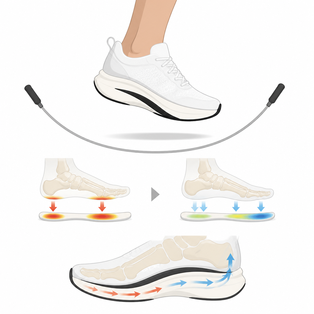 Figure 2. Cómo una placa curva de fibra de carbono en una zapatilla desplaza las fuerzas de impacto alejándolas de los dedos y del mediopié durante el paso de comba.