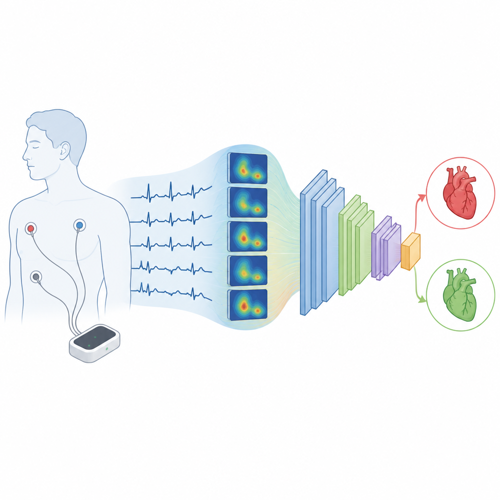 Figure 1. System AI obserwuje uderzenia serca w zapisie EKG i zamienia je w obrazy, aby wcześnie wykrywać niebezpieczne zaburzenia rytmu.